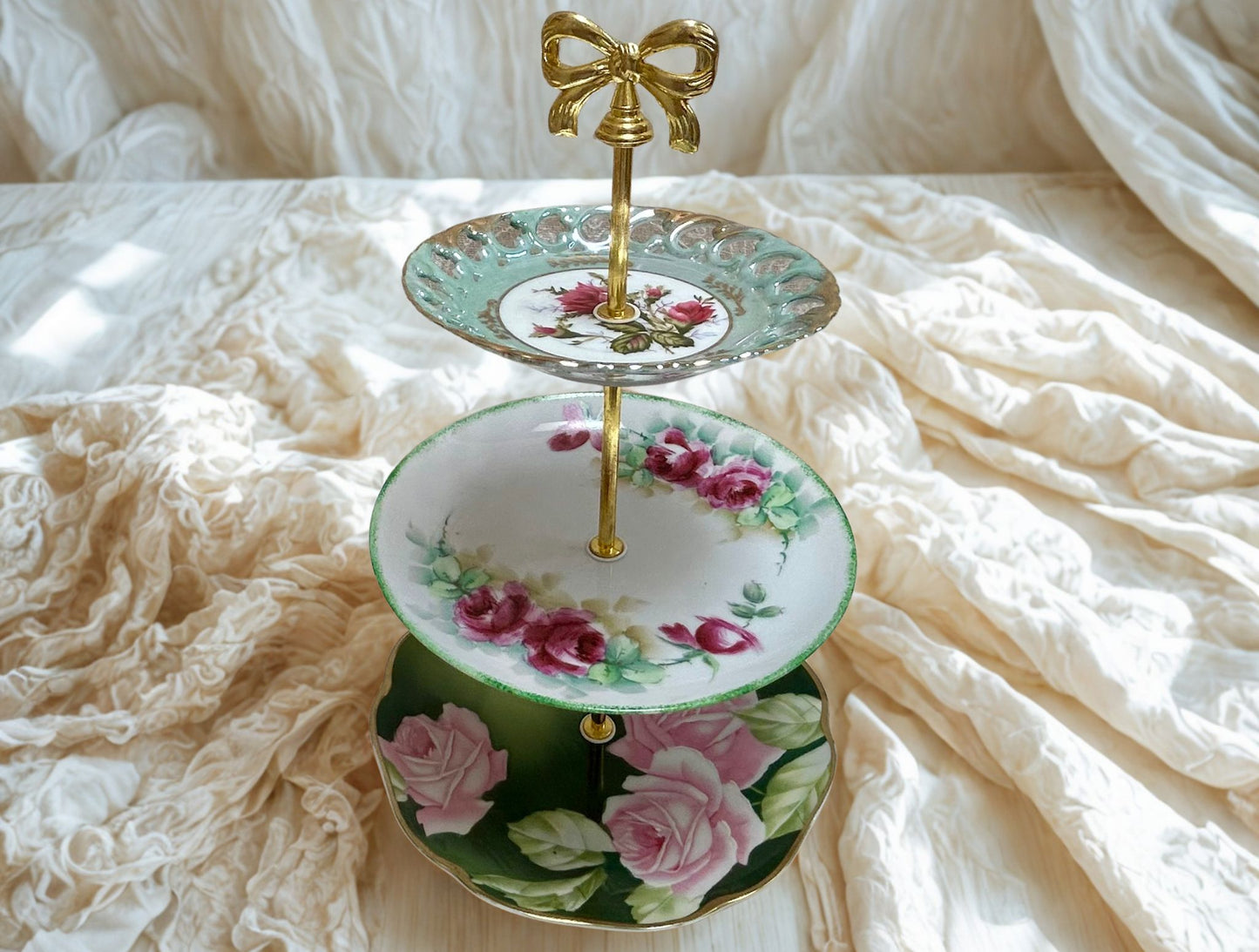 3 tier hand painted dessert tray with bow accent