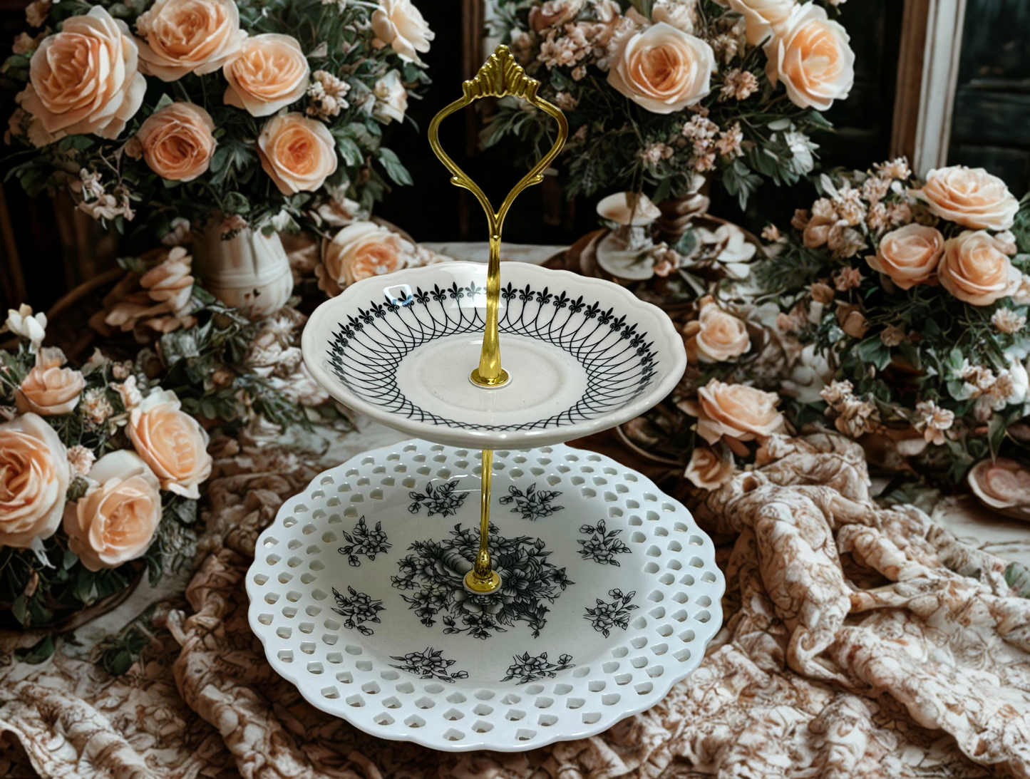 2 tier blank and white dessert or trinket tray with gold hardware