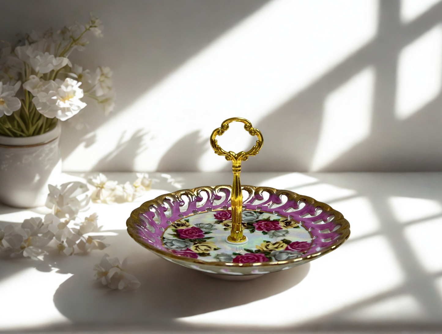 Pink floral trinket tray with gold hardware