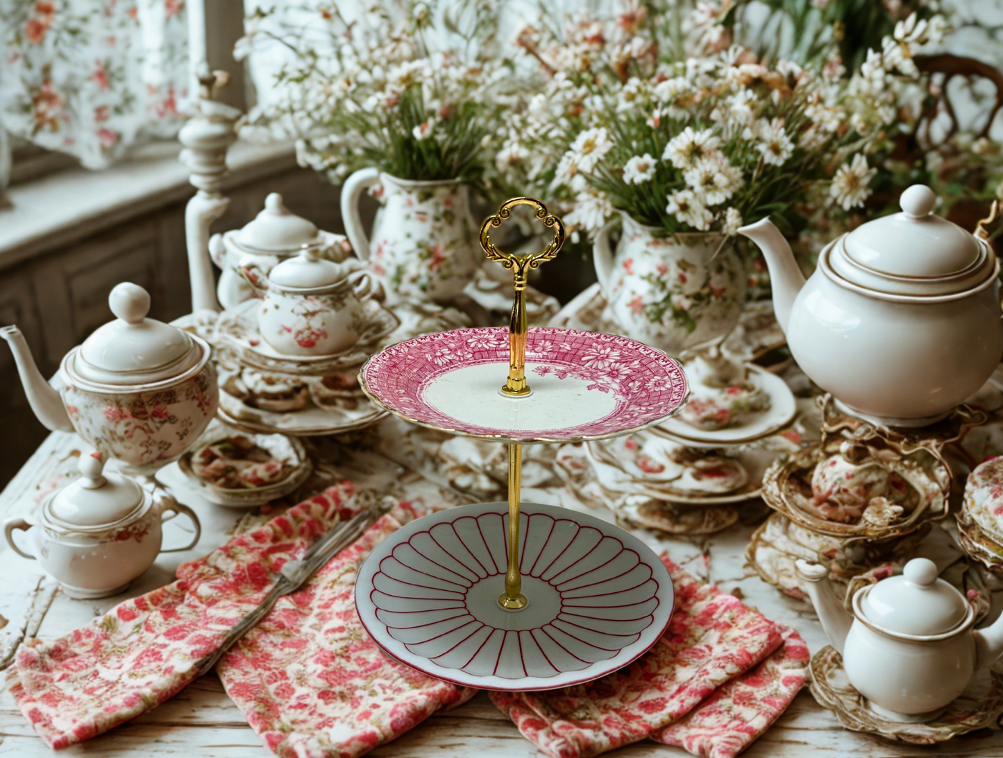 2 tier red floral and gold hardware trinket or dessert tray