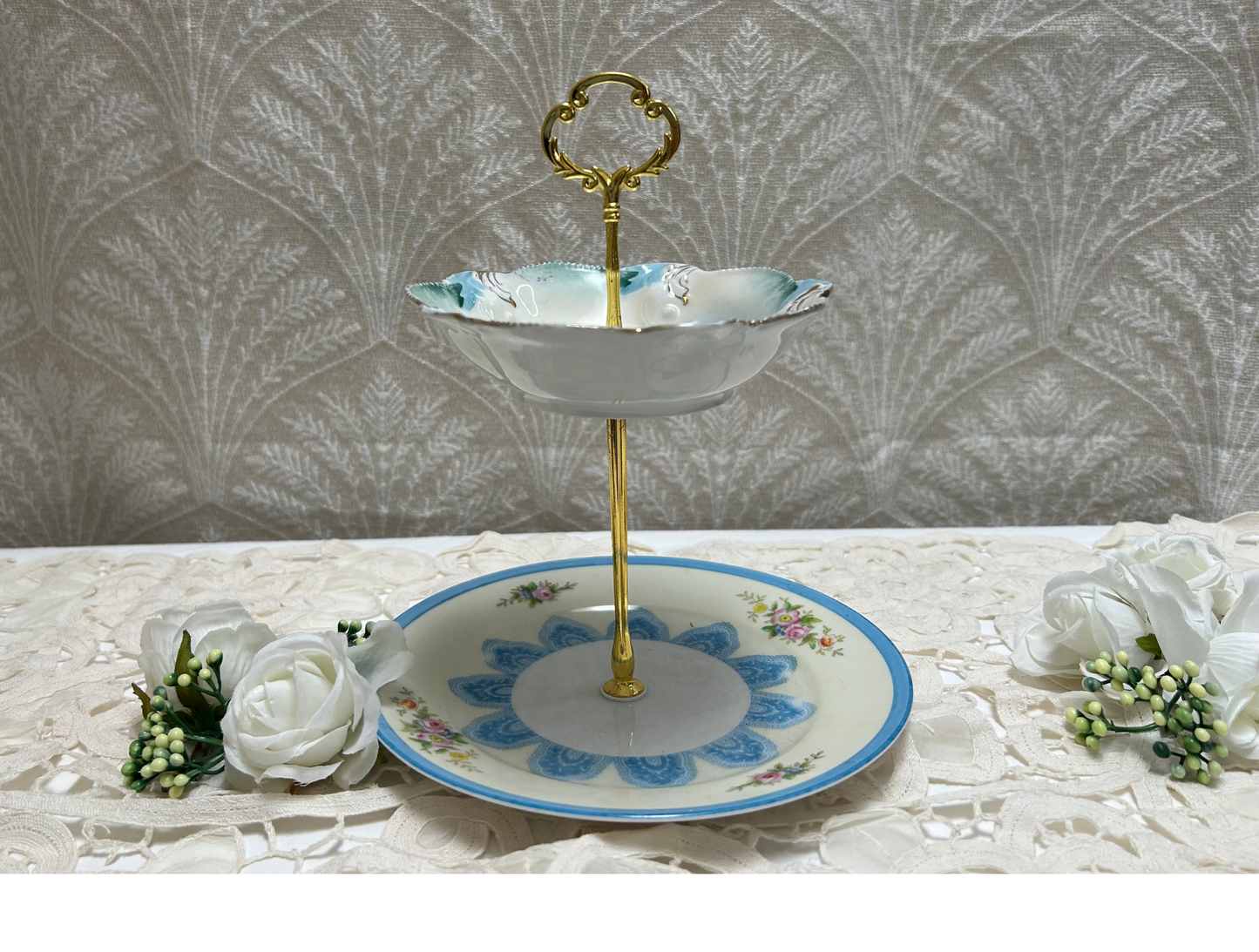 2 tire blue floral hand painted trinket or dessert tray with gold accent