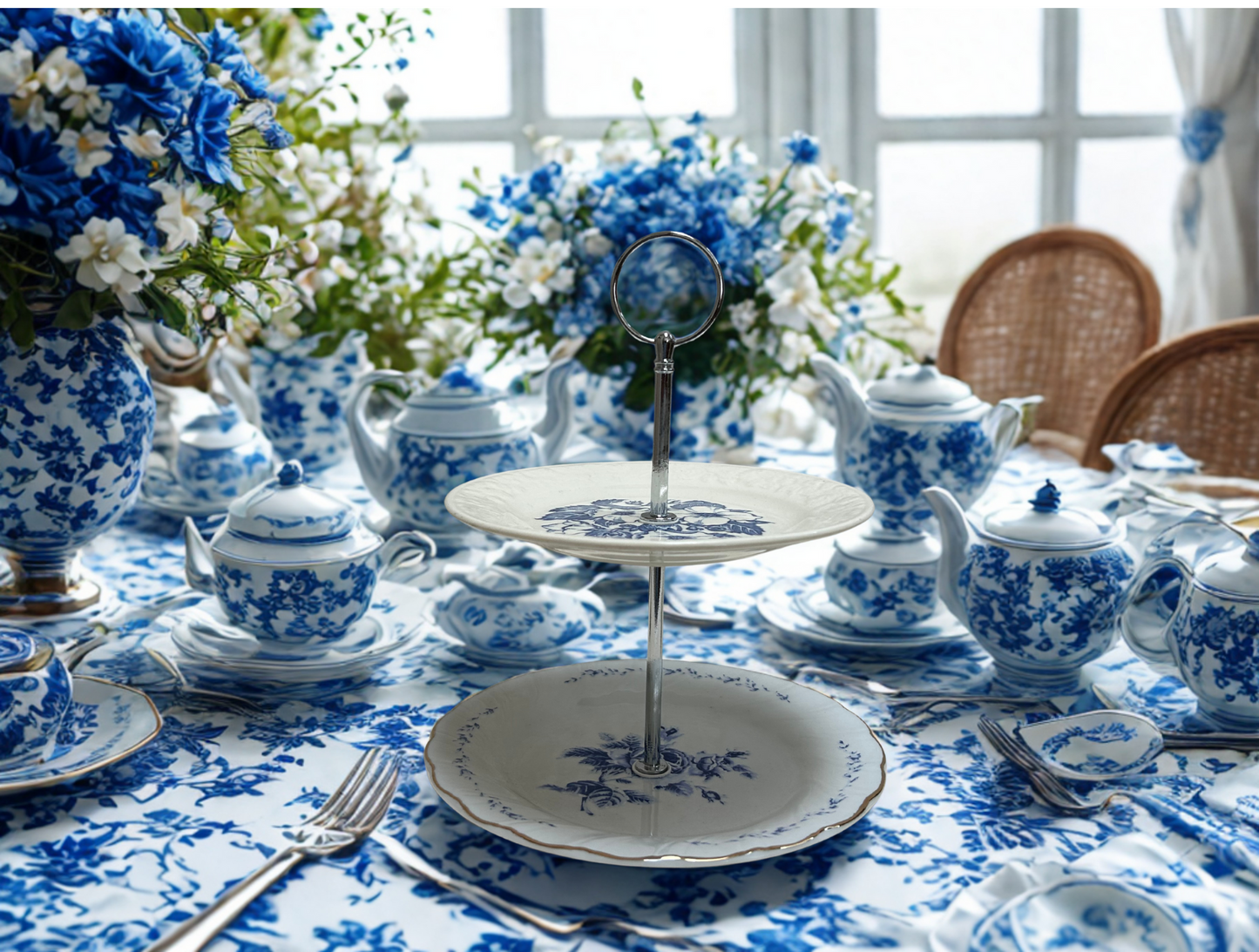 2 tier dessert tray with blue flower and silver hardware.