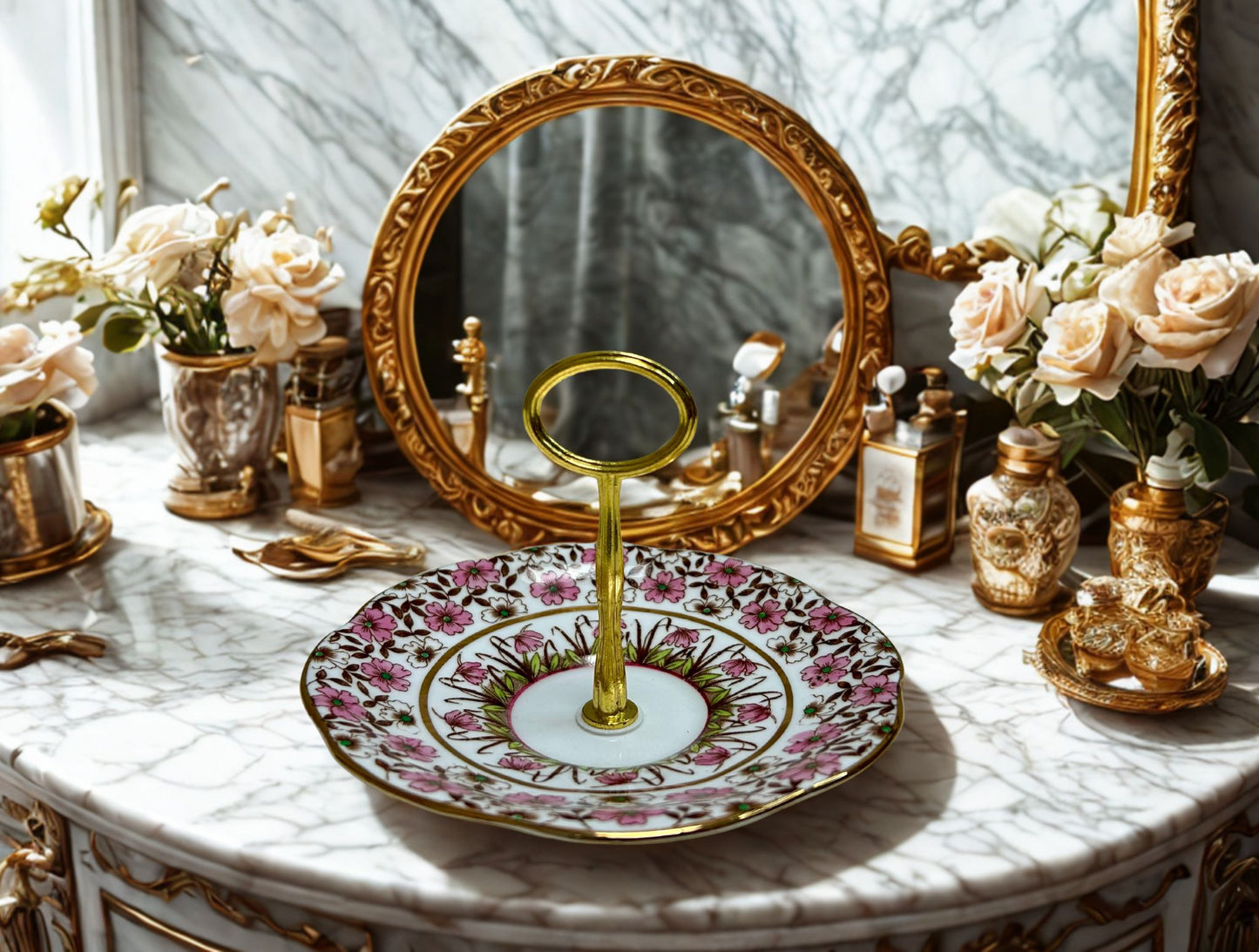 Pink floral and gold trim trinket tray