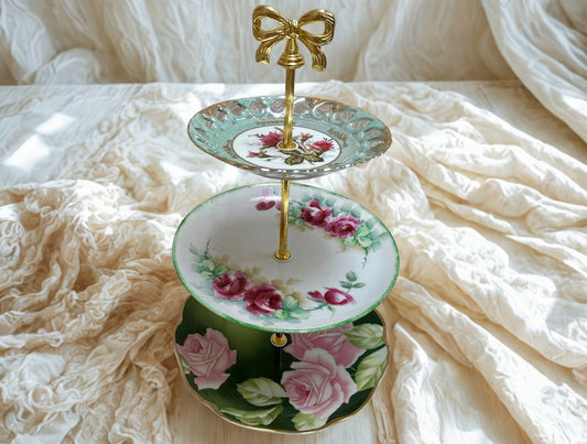 3 tier hand painted dessert tray with bow accent