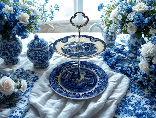 2 tier classic blue willow china with silver hardware dessert or trinket tray