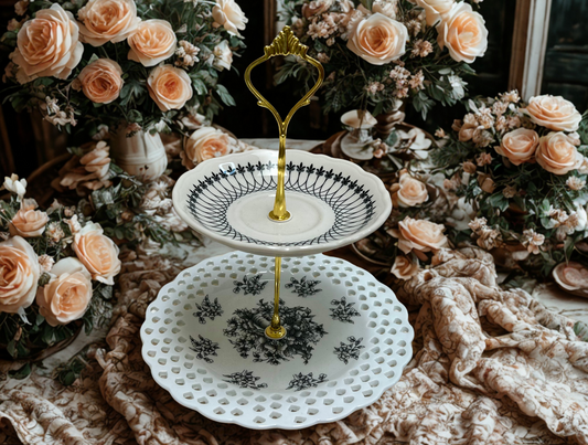 2 tier blank and white dessert or trinket tray with gold hardware