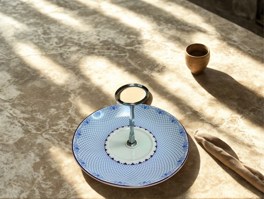 Blue and white pattern trinket tray with silver hardware