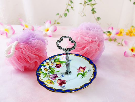 Purple with red flower trinket tray with silver hardware