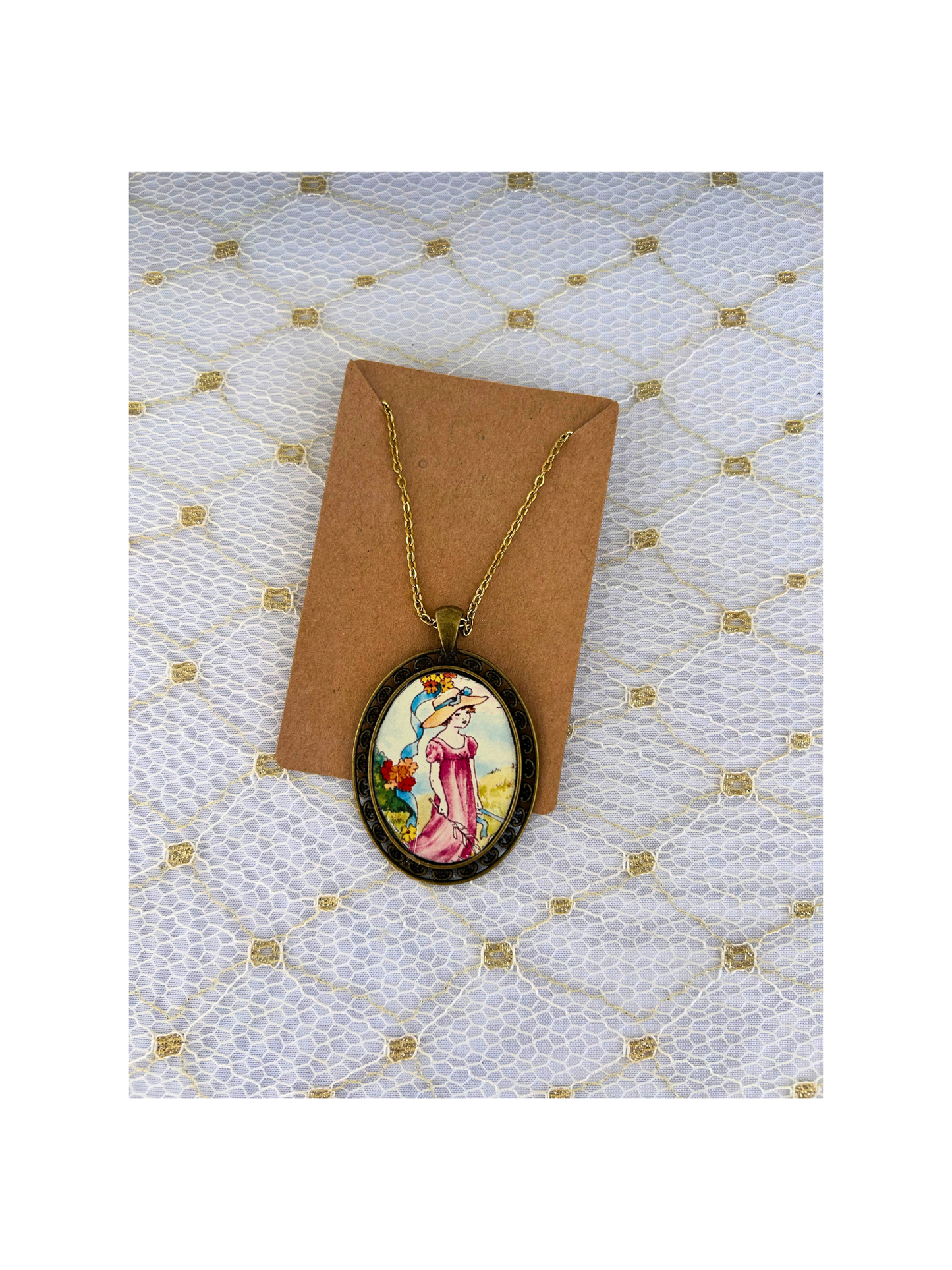 Vintage Tin can - Girl with red dress necklace