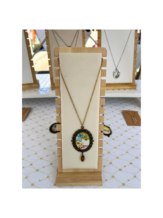 Vintage tin can necklace- Blue bow and flower