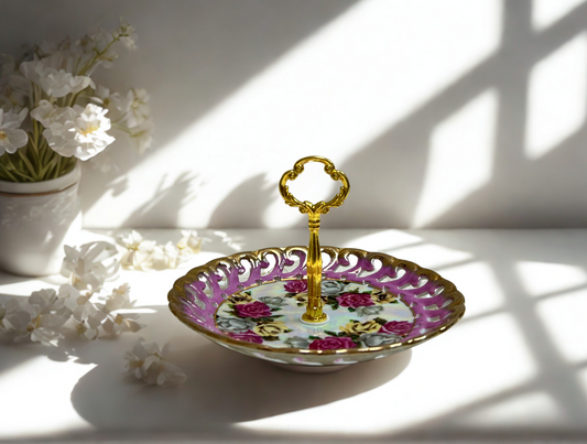 Pink floral trinket tray with gold hardware