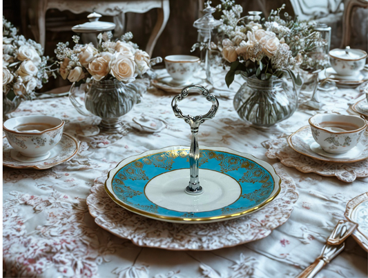 Blue and gold trim trinket tray with silver hardware