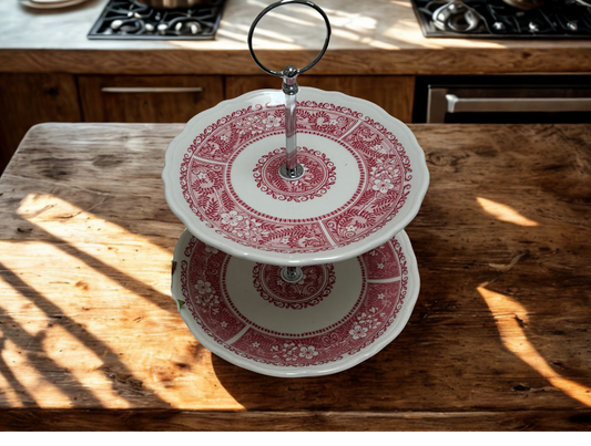 2 tier dessert tray with red pattern and silver hardware