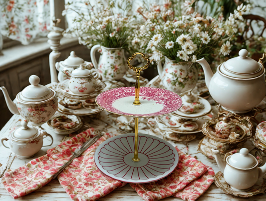 2 tier red floral and gold hardware trinket or dessert tray