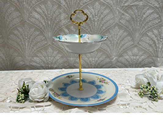 2 tire blue floral hand painted trinket or dessert tray with gold accent