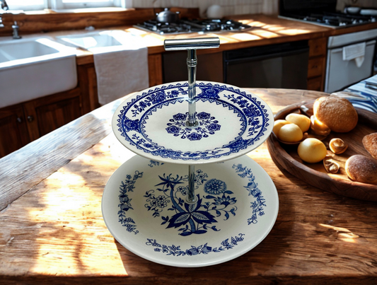 2 tier dessert tray with blue and white flower and silver hardware