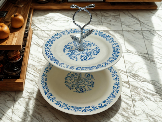 2 tier dessert tray with blue floral and silver leaf accent
