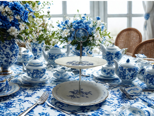 2 tier dessert tray with blue flower and silver hardware.