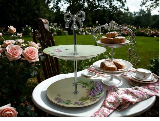 2 Tier hand painted trinket or dessert tray with silver bow accent