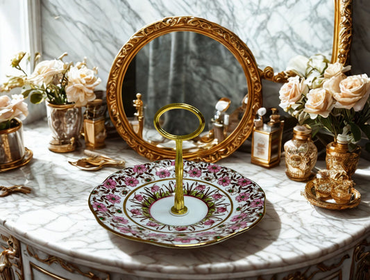 Pink floral and gold trim trinket tray