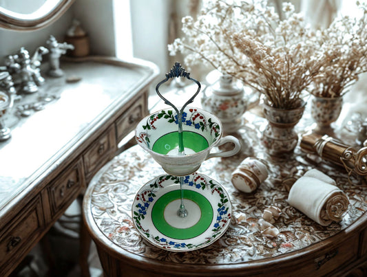 Green with gold trim teacup and saucer trinket tray