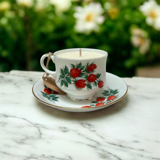 Red floral teacup candle