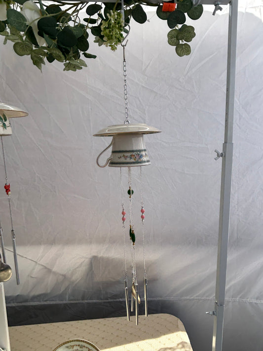 Green floral teacup wind chime